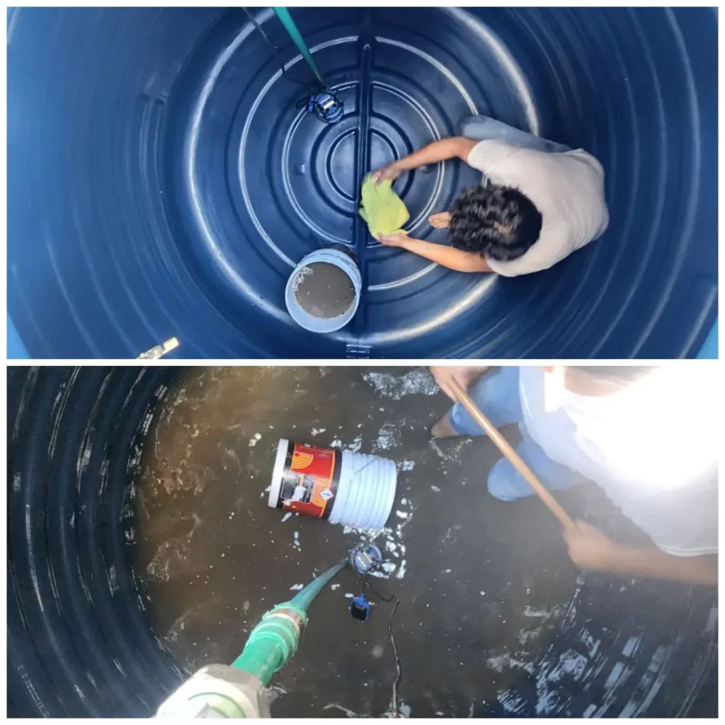 Lavado de tinacos y cisternas antes y depues Desinfección segura de depósitos de agua con pastillas de tricloro en playa del carmen